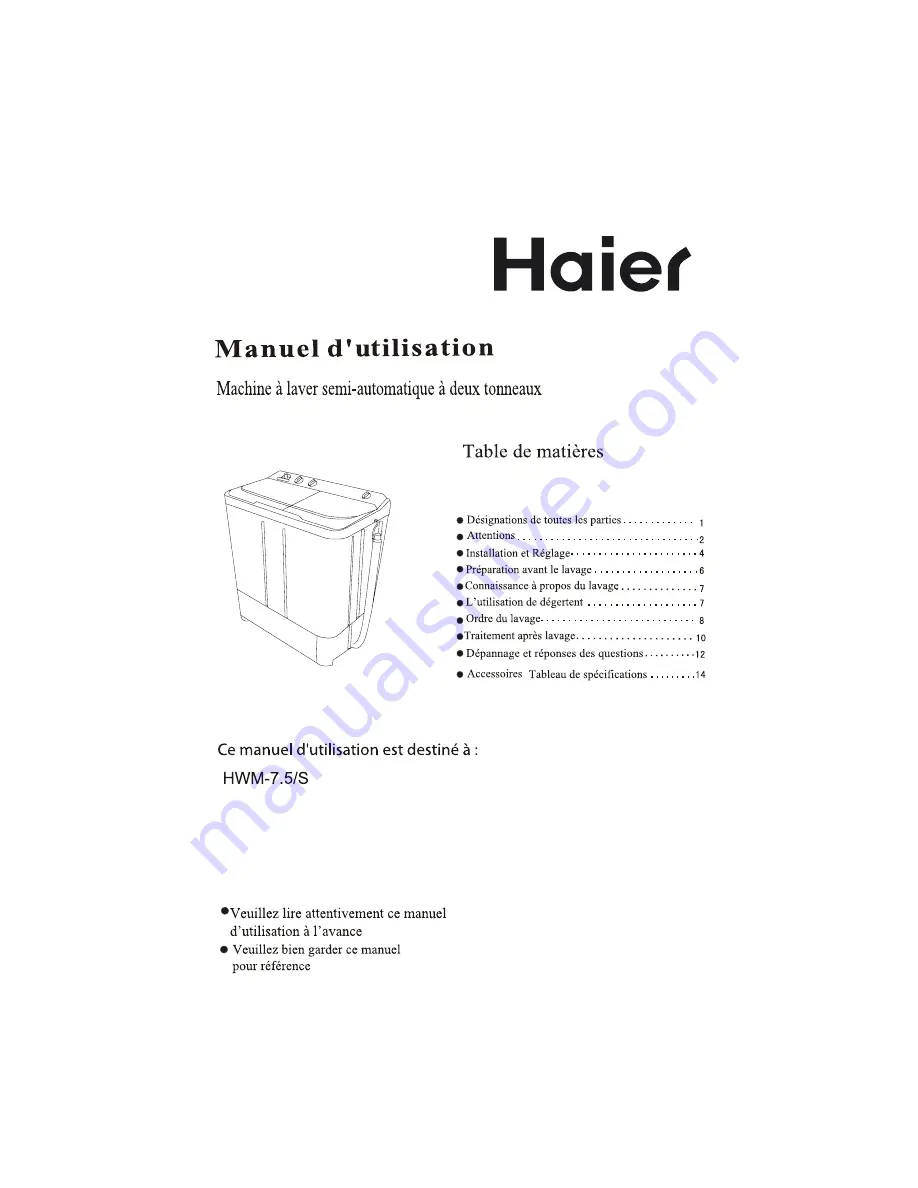 Haier HWM-7.5 (French) Manuel D'Utilisation Download Page 1