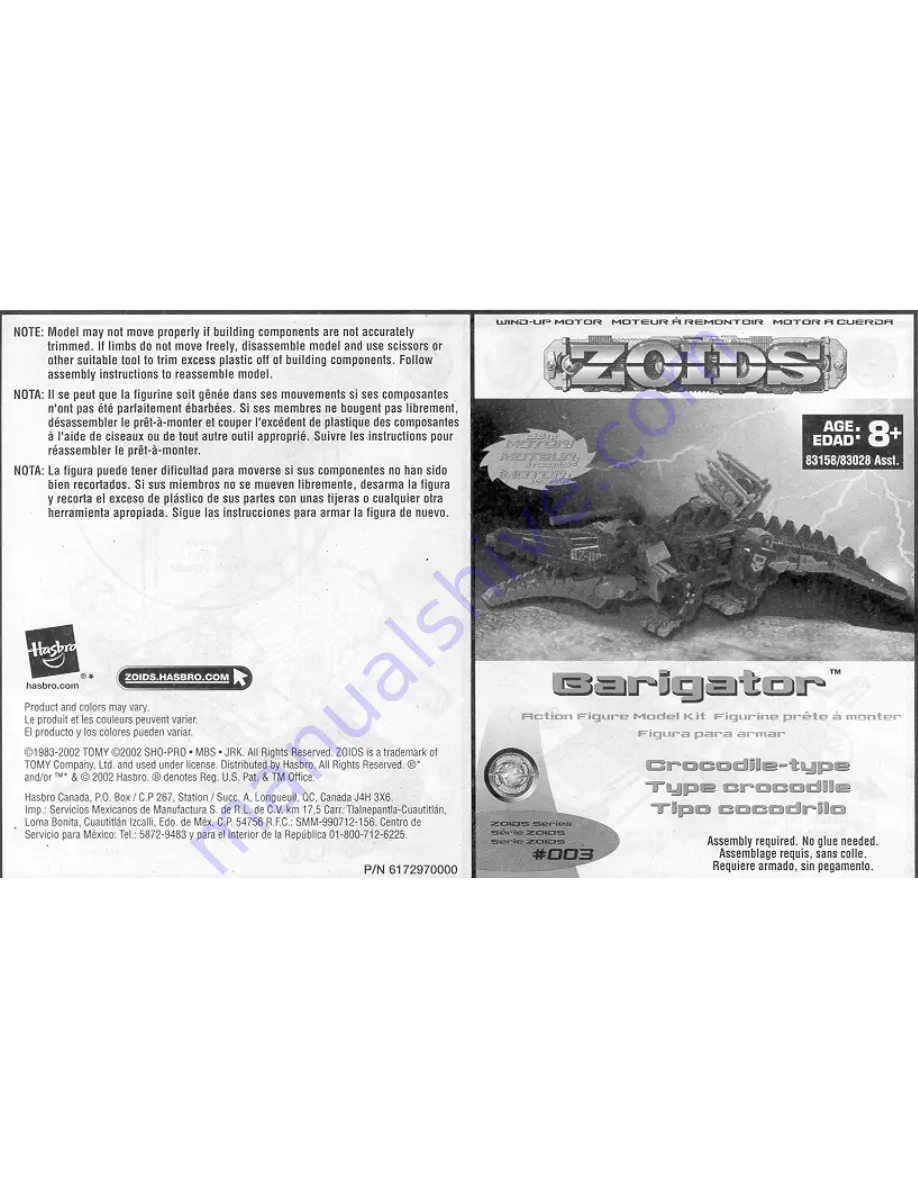 Hasbro Zoids BARIGATOR Instructions Manual Download Page 1