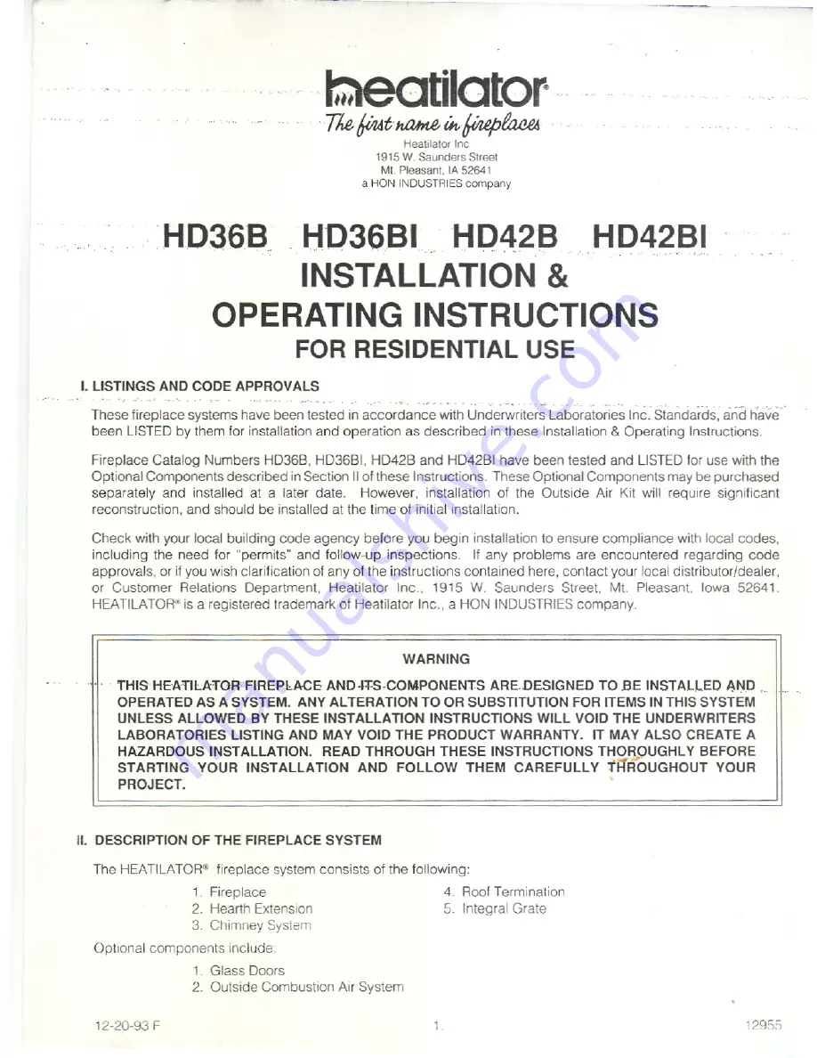 Heatiator HD36B Installation & Operation Manual Download Page 1