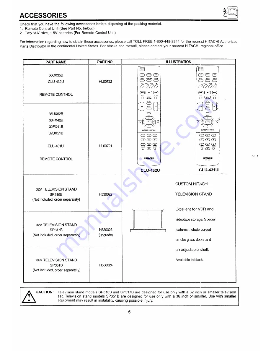 Hitachi 32FX41B, 32UX51B, 36FX42B, 36UX52B, 36CX35B Operating Manual Download Page 5