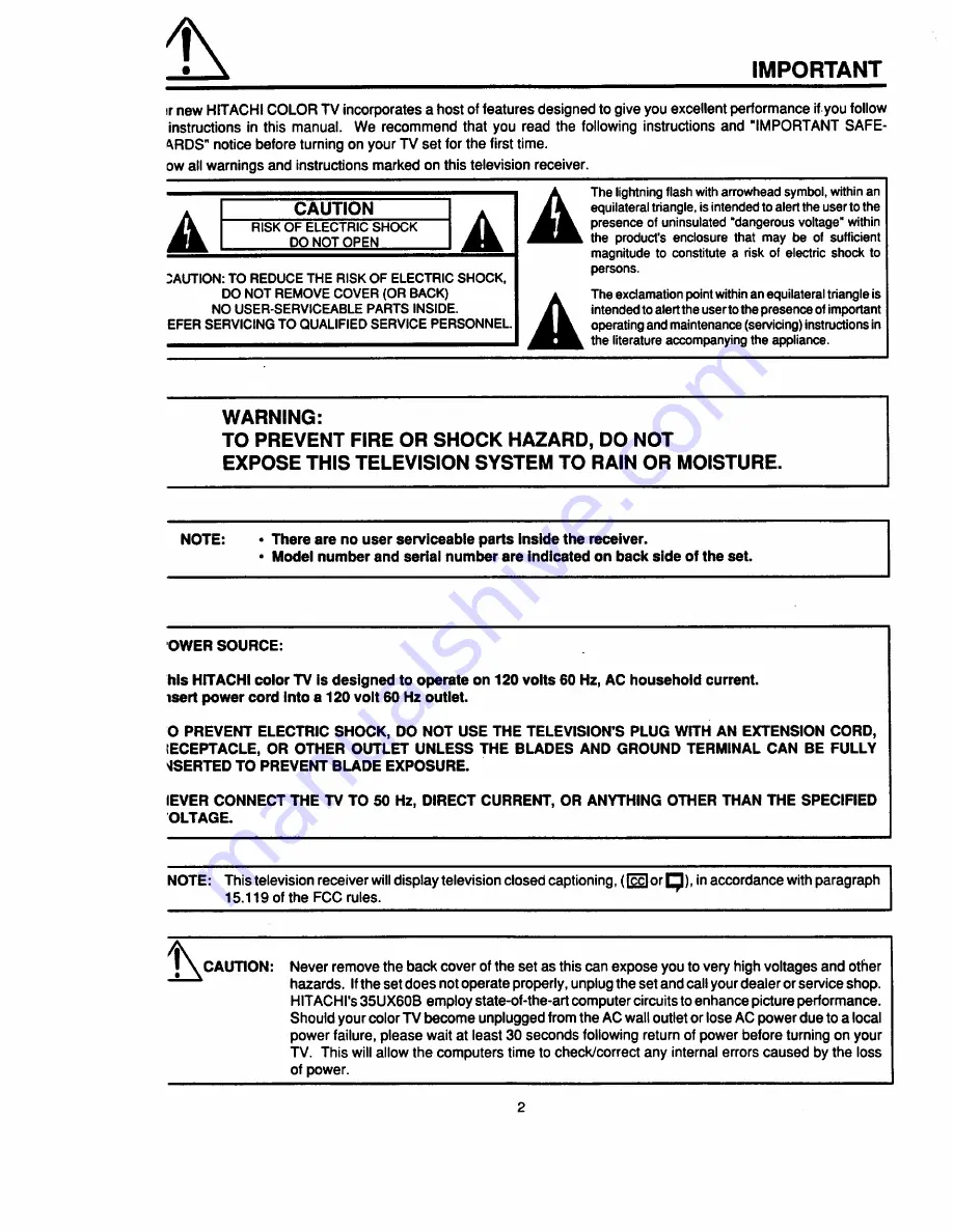 Hitachi 46UX24B Operating Manual Download Page 2