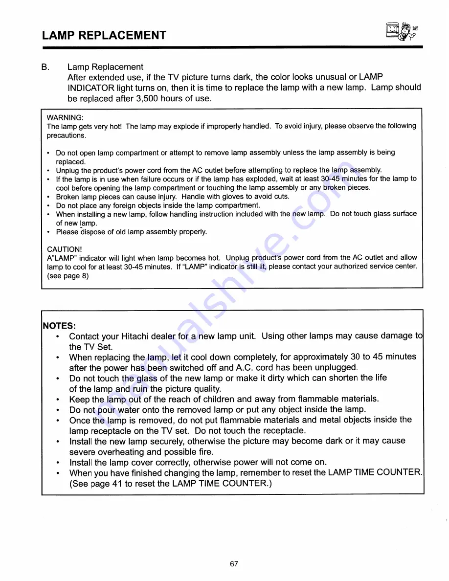 Hitachi 52LDX99B - LCD Projection TV Operating Manual Download Page 67