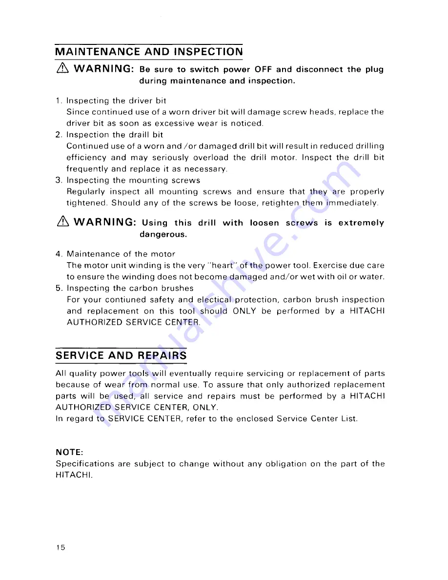 Hitachi FDV 12V Instruction Manual Download Page 16