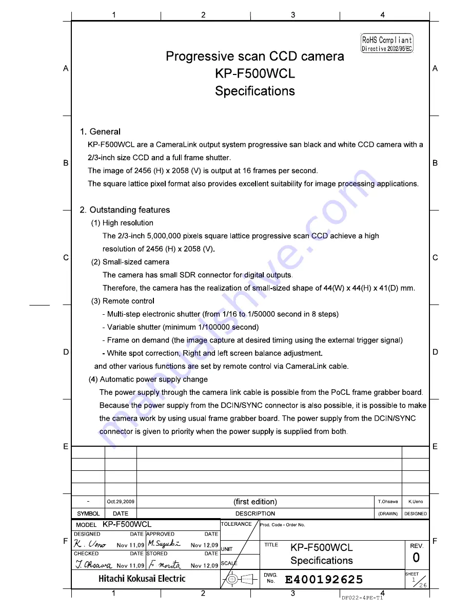 Hitachi KP-F500WCL Specifications Download Page 1