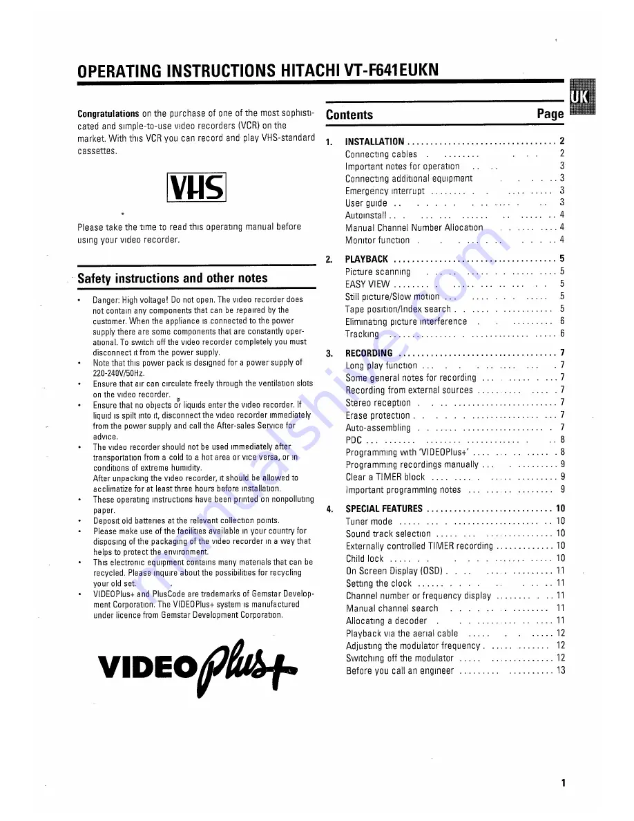 Hitachi VT-F641EUKN Operating Instructions Manual Download Page 4