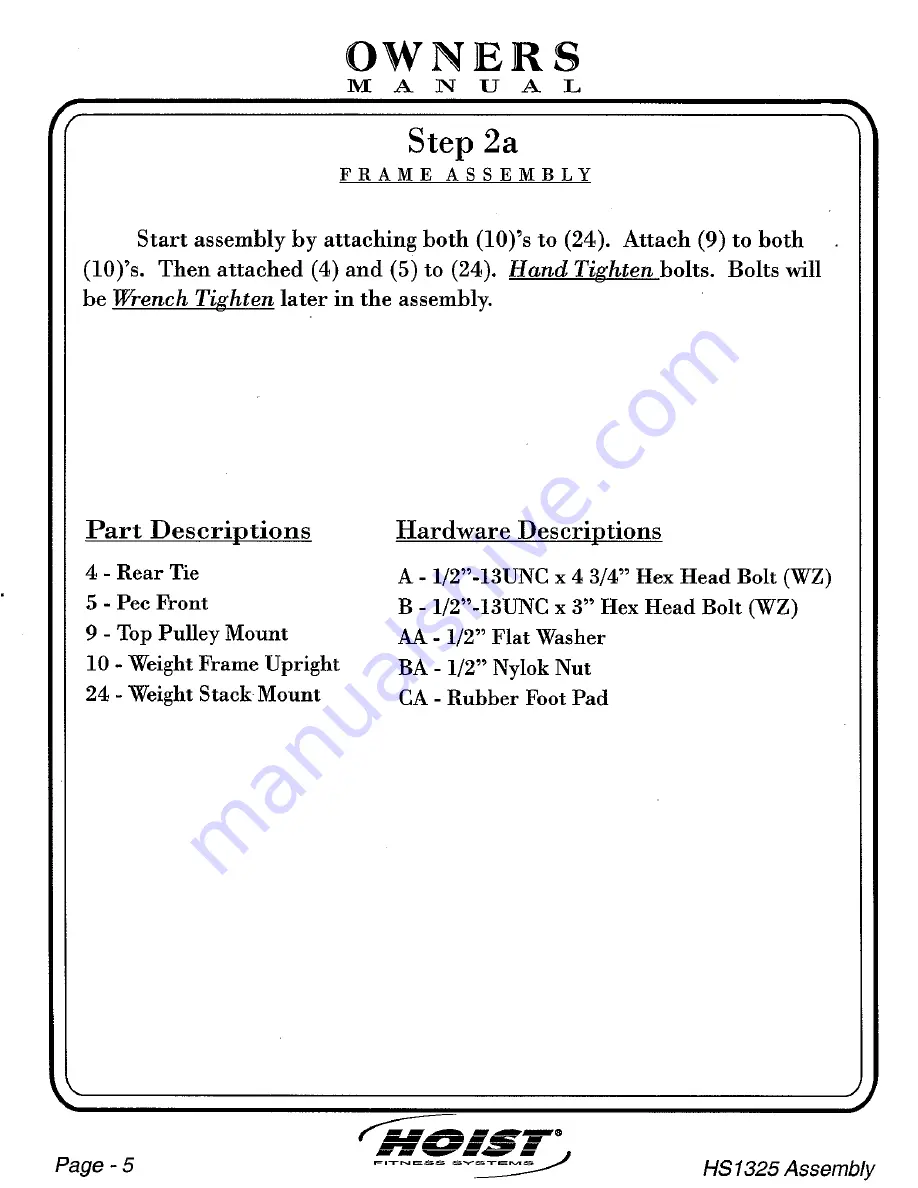 Hoist Fitness HS 1325 Owner'S Manual Download Page 6