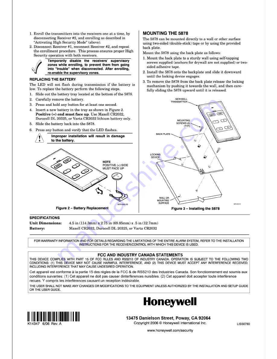 Honeywell ADEMCO 5878 Installation And Setup Manual Download Page 2