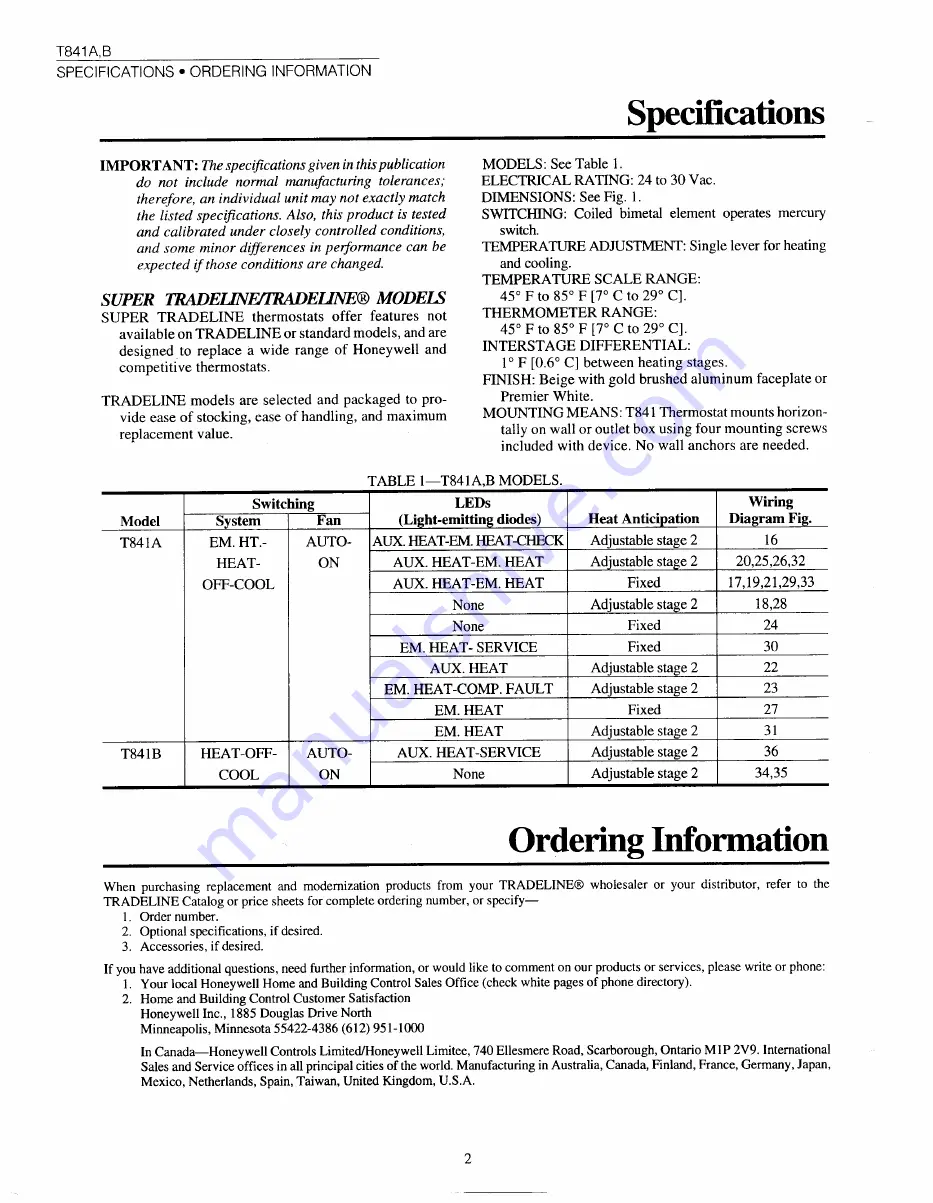 Honeywell Easy-To-See TRADELINE T841B Скачать руководство пользователя страница 2