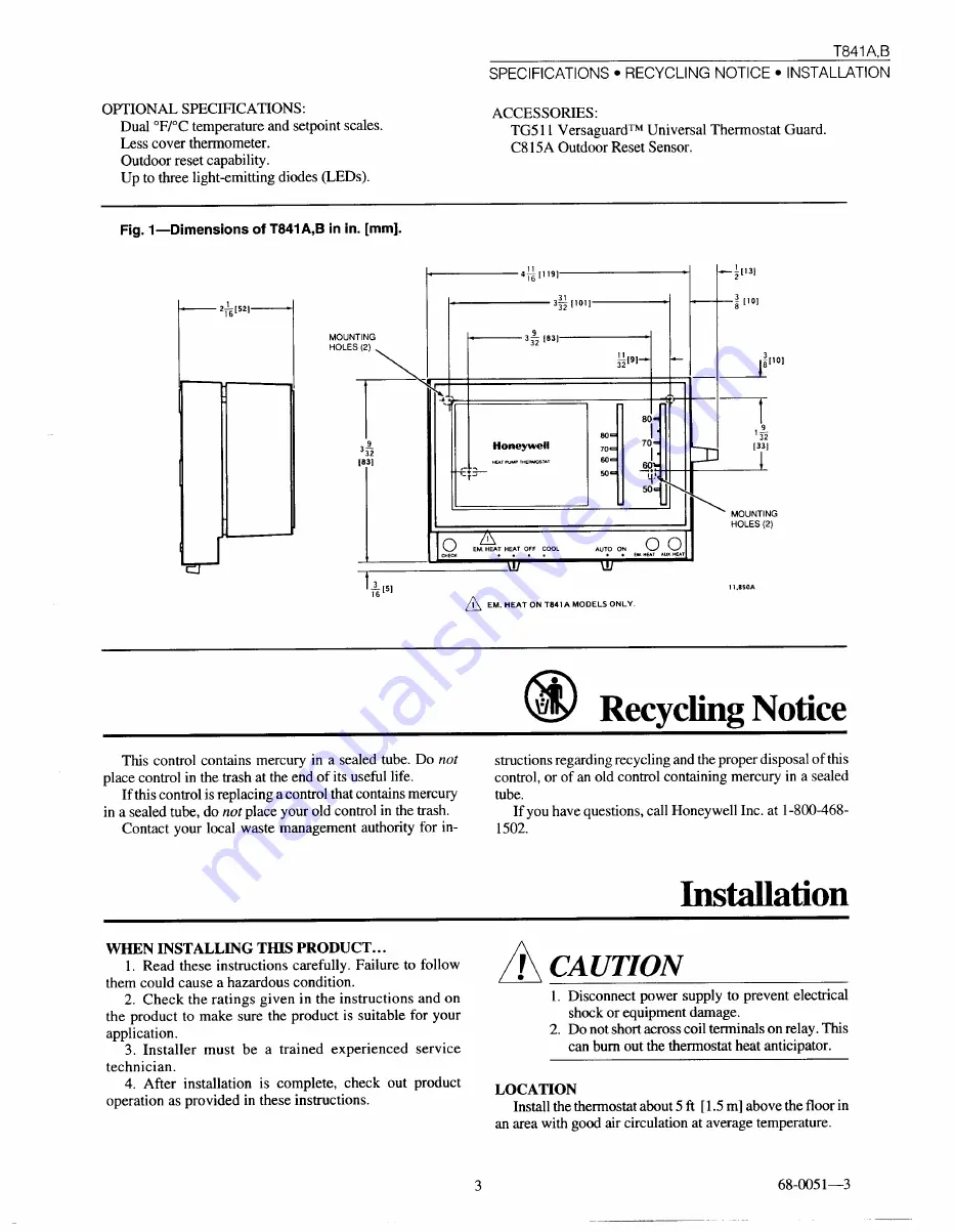 Honeywell Easy-To-See TRADELINE T841B Скачать руководство пользователя страница 3