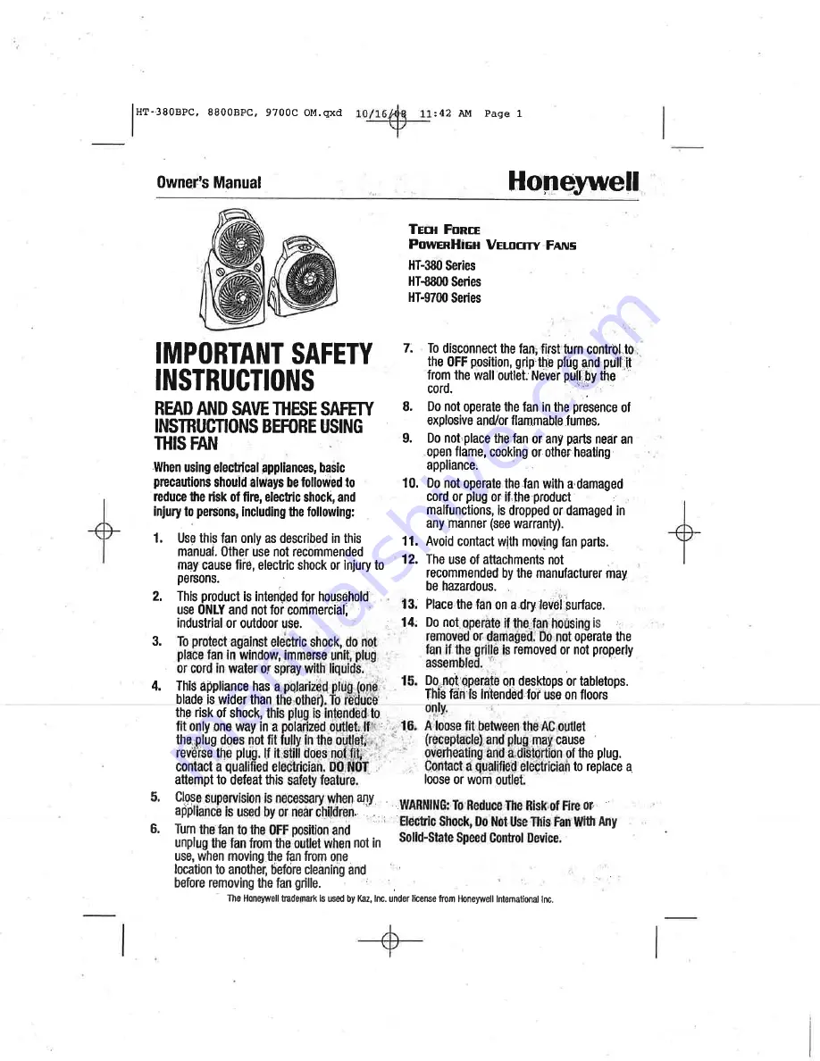 Honeywell HT 9700 - Floor Air Circulator Owner'S Manual Download Page 1