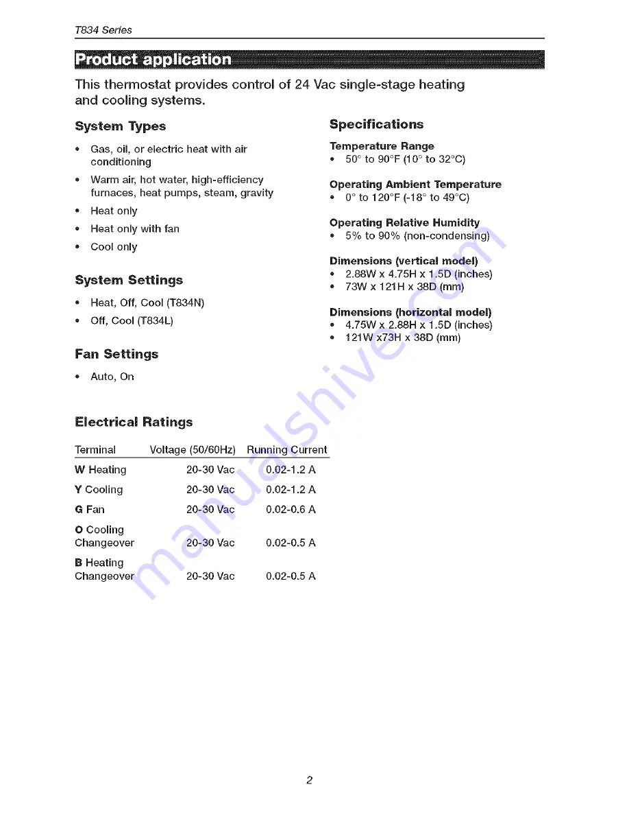 Honeywell T8034N Скачать руководство пользователя страница 2