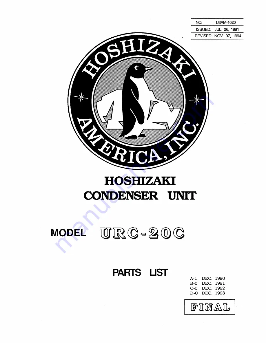 Hoshizaki URC-20C Parts List Download Page 1