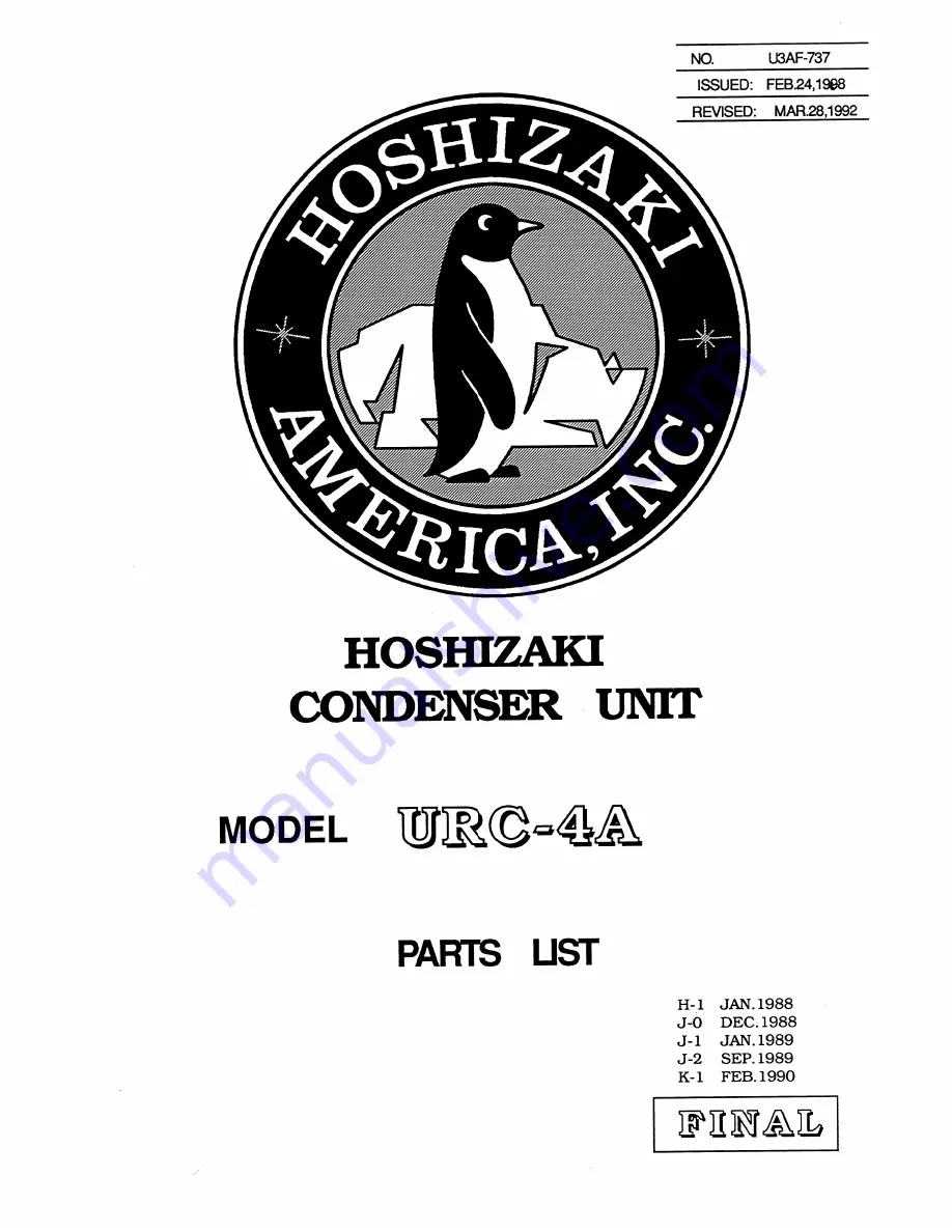 Hoshizaki URC-4A Parts List Download Page 1