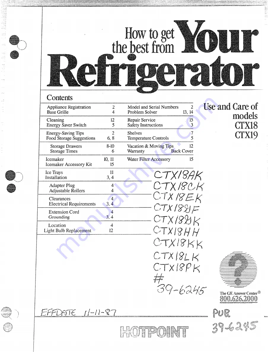 Hotpoint CTX18 Use And Care Manual Download Page 1