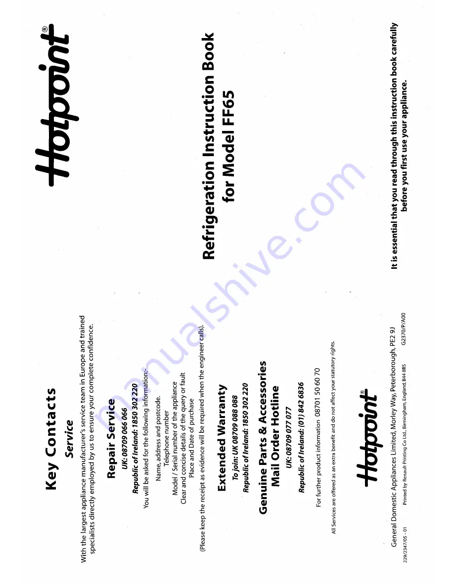 Hotpoint FF65 Instruction Book Download Page 1