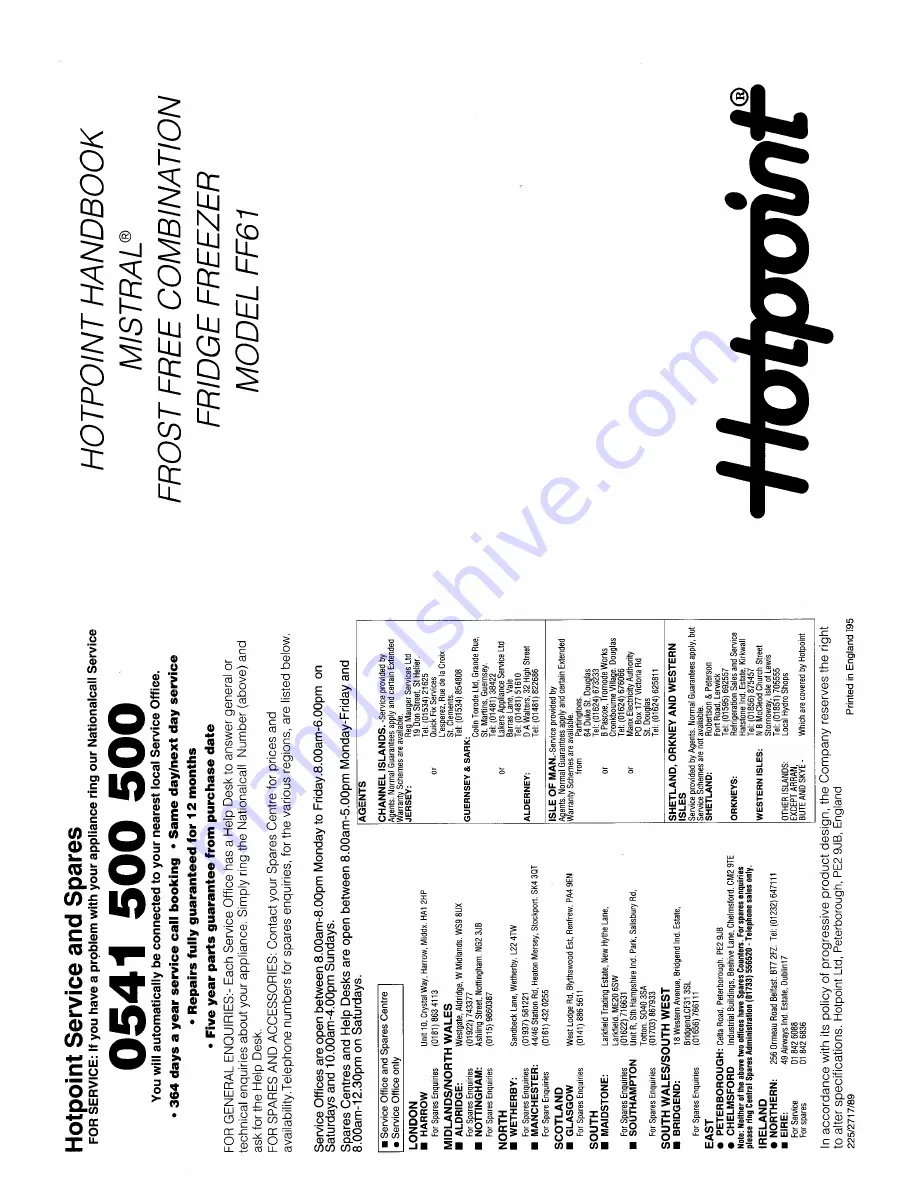 Hotpoint MISTRAL FF61 Handbook Download Page 1