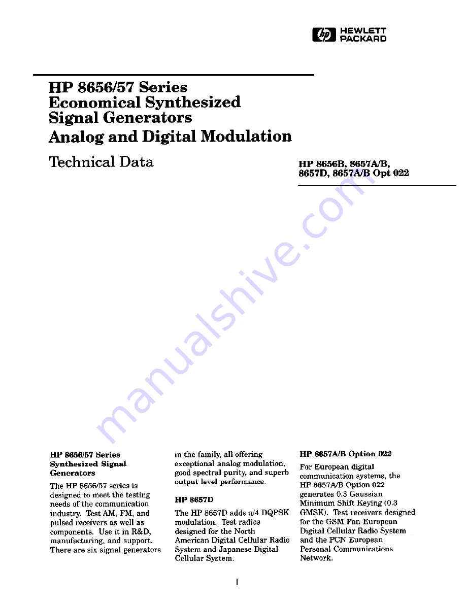 HP 8656B Technical Data Manual Download Page 1