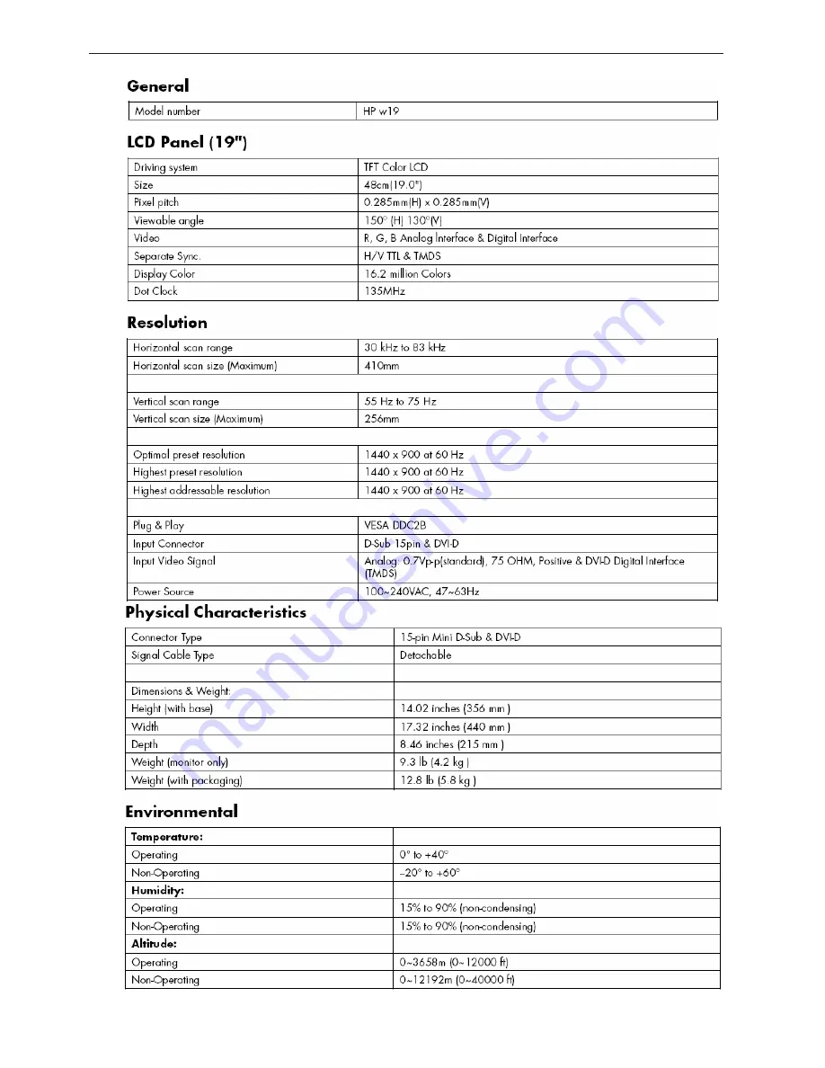 HP w19 - Widescreen LCD Monitor Скачать руководство пользователя страница 3