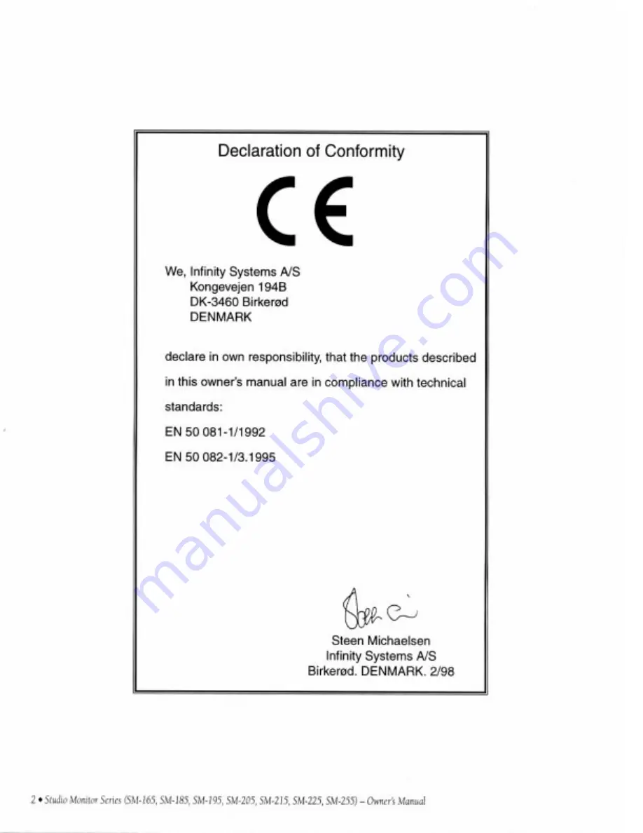 Infinity SM-205 Owner'S Manual Download Page 2