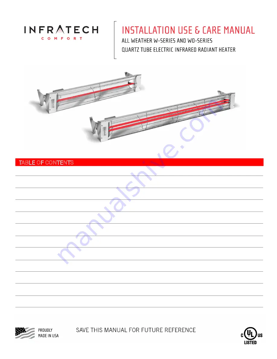 Infratech W series Installation Use & Care Instructions Download Page 1