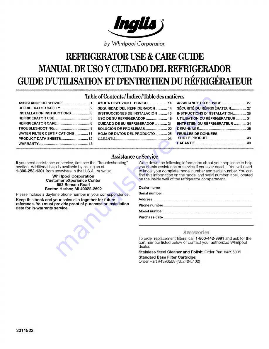 Inglis IS25CFXTQ00 Use & Care Manual Download Page 1