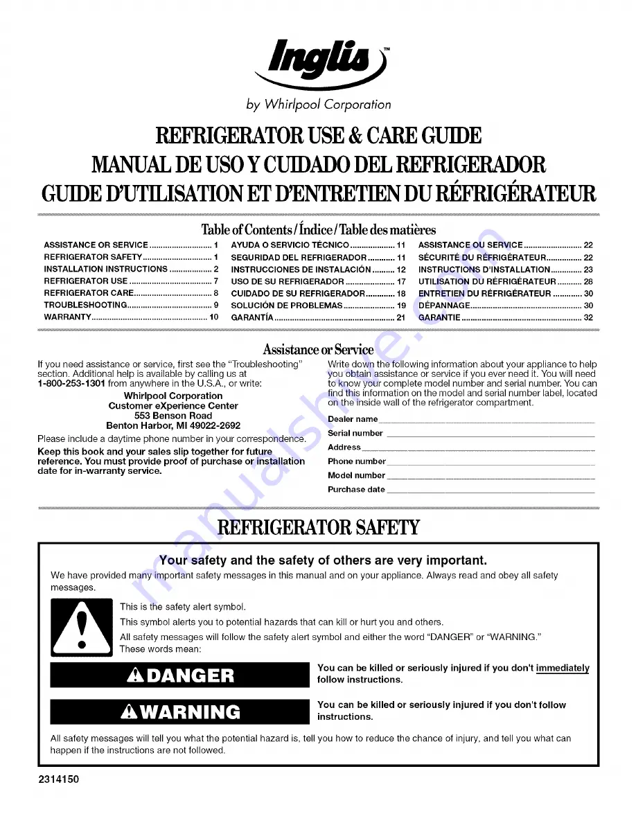 Inglis IT21AMXRQ00 Use & Care Manual Download Page 1