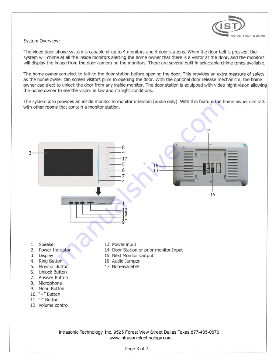 Intrasonic Technology Color Video Door Phone/ Intercom User Manual Download Page 3