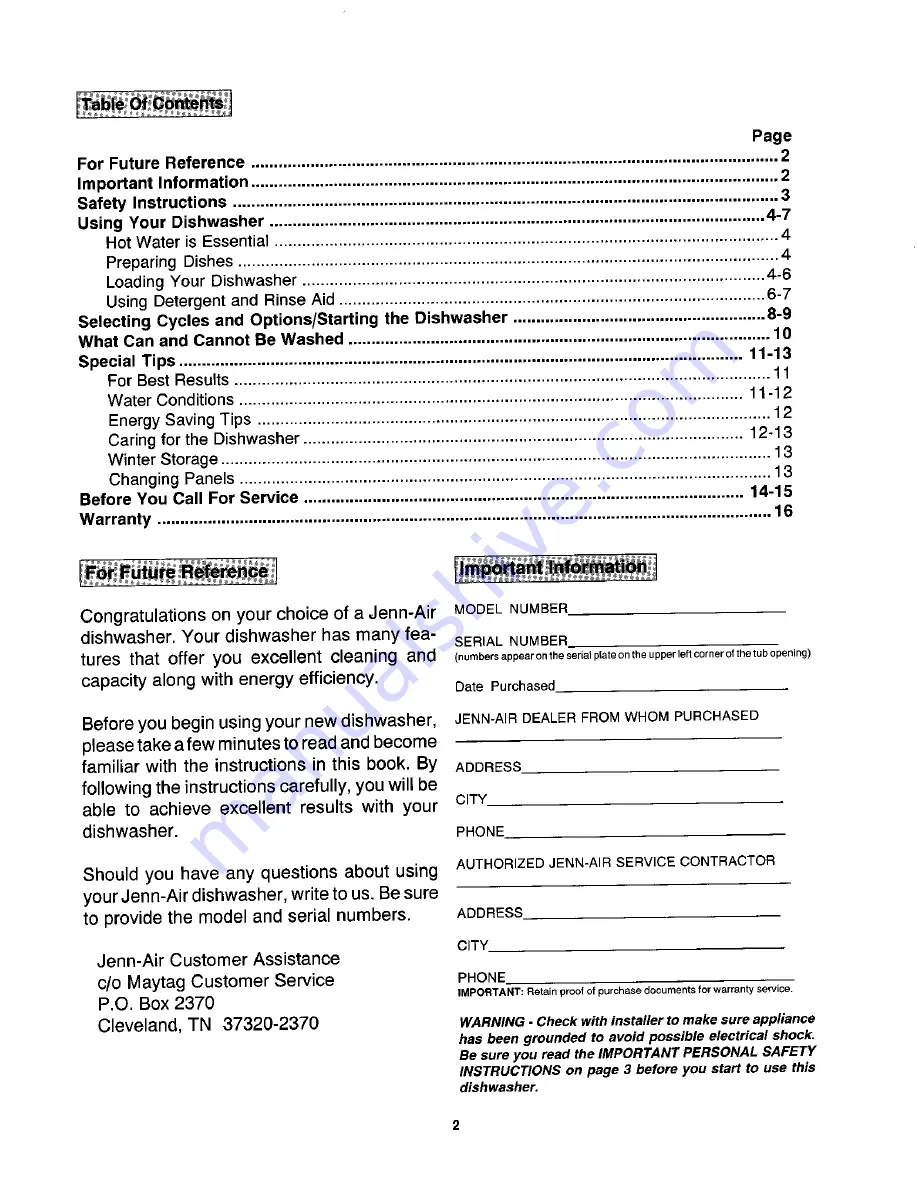 Jenn-Air DW700 Use And Care Manual Download Page 2