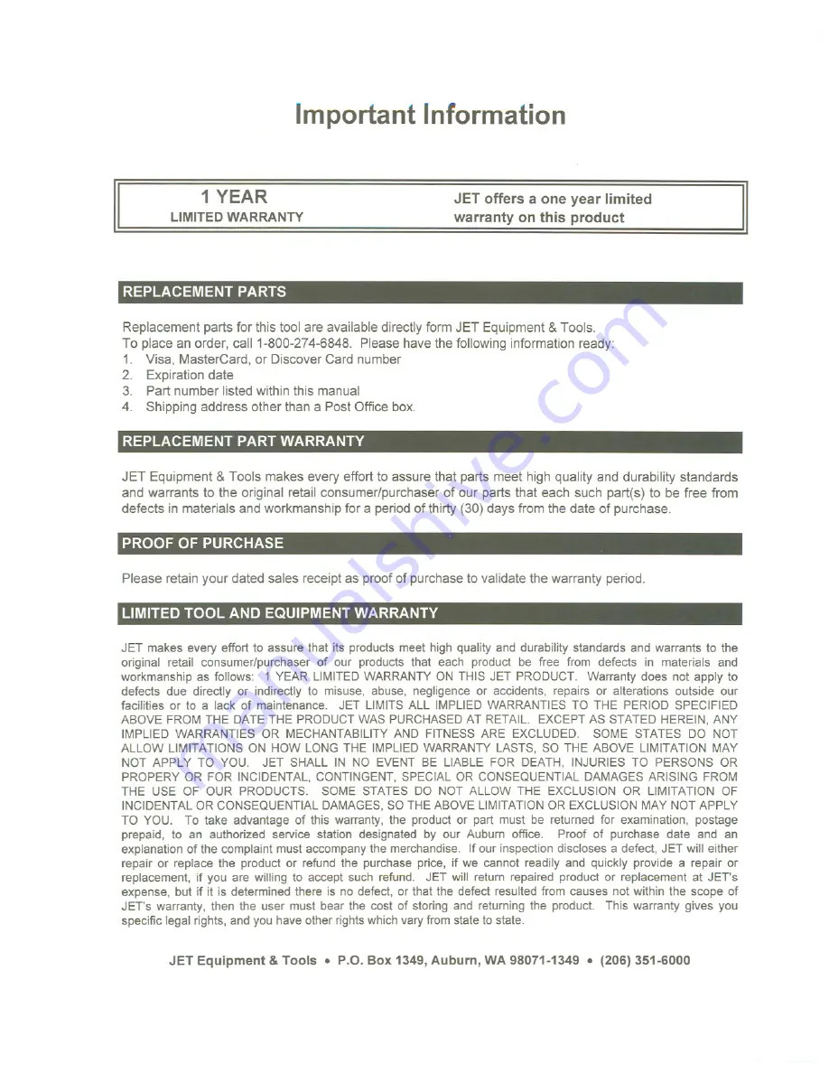 Jet VBS-1408 Operator'S Manual Download Page 2