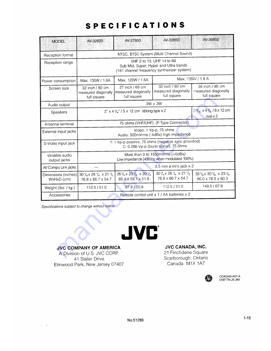 JVC AV-27850 Скачать руководство пользователя страница 15