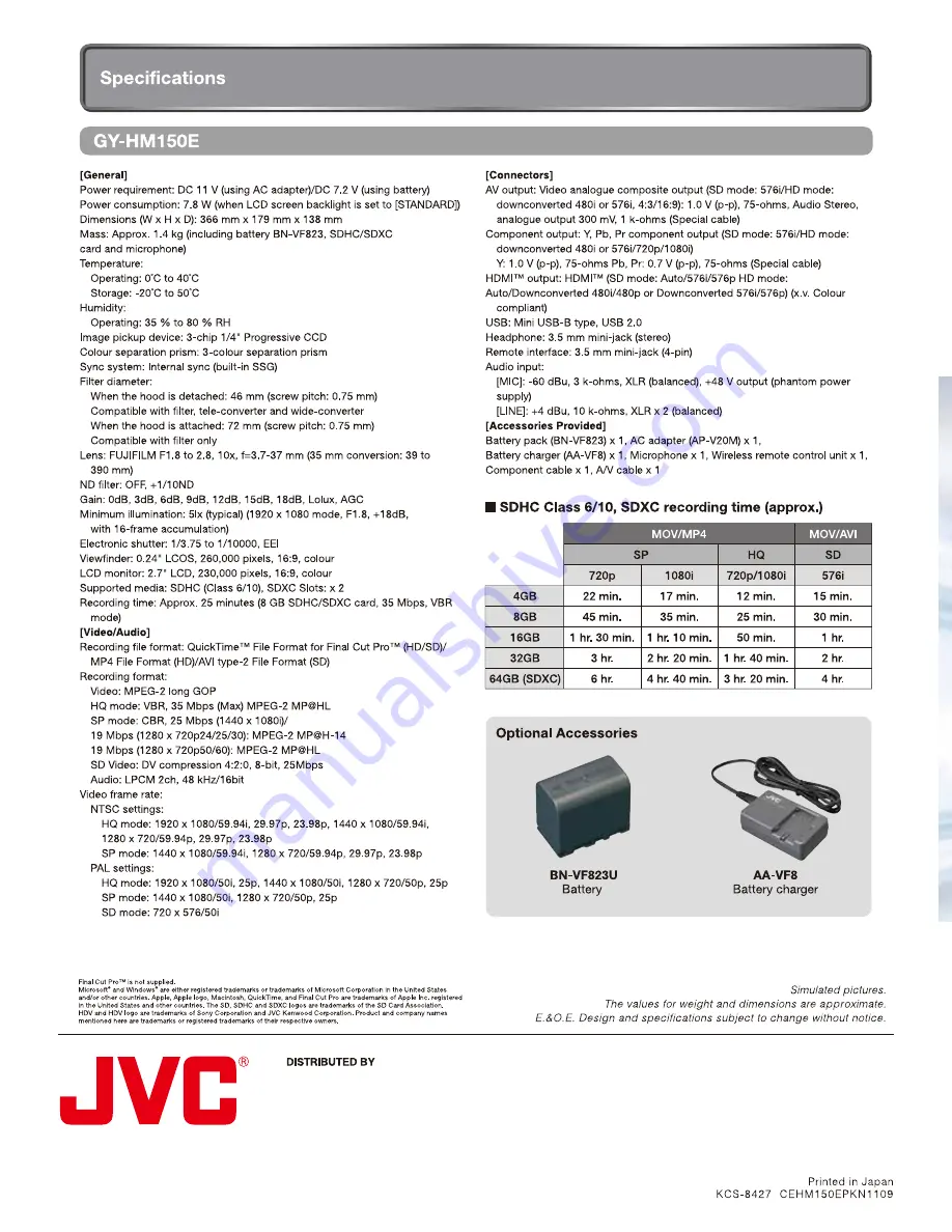 JVC ProHD GY-HM150E Specifications Download Page 12