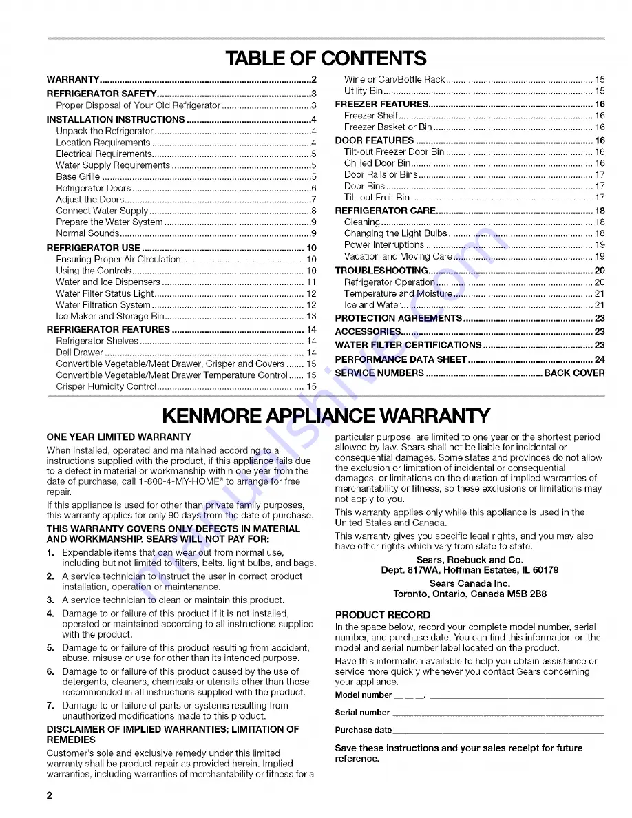 Kenmore 106.57022601 Use & Care Manual Download Page 2