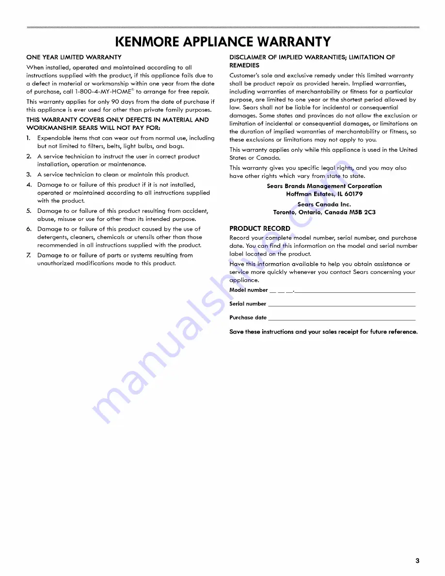 Kenmore 106.6093 Series Use & Care Manual Download Page 3