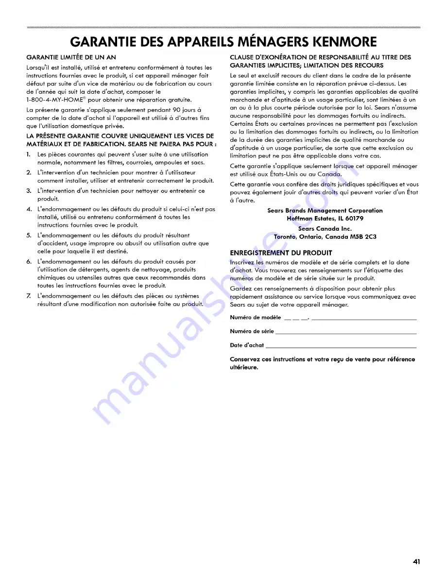 Kenmore 106.6093 Series Use & Care Manual Download Page 41