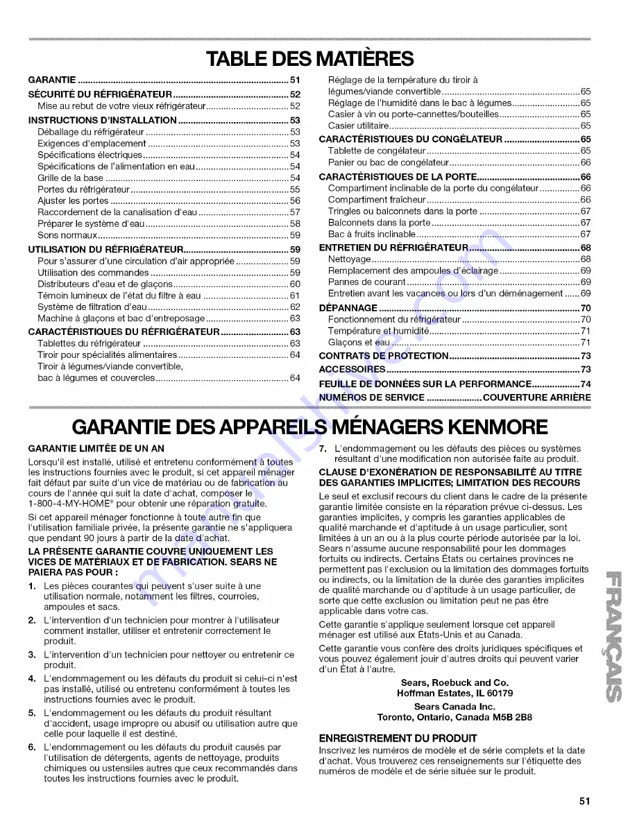 Kenmore 10658022801 Use & Care Manual Download Page 51