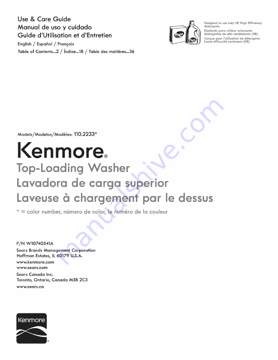 Kenmore 110.2233 series Use & Care Manual Download Page 1