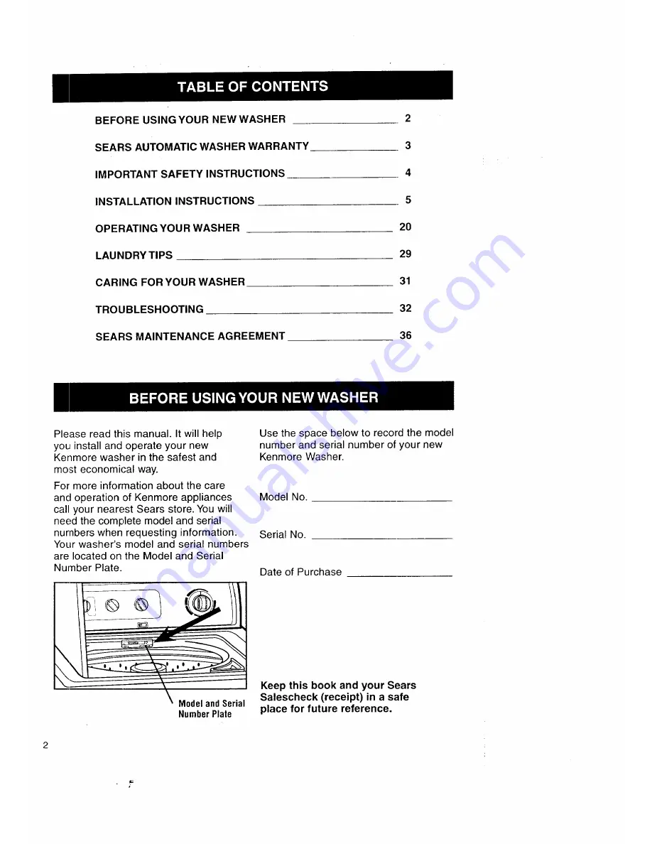 Kenmore 110.26912691 Owner'S Manual And Installation Instructions Download Page 2