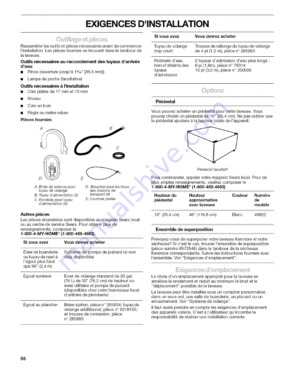 Kenmore 110.4646 Owner'S Manual And Installation Instructions Download Page 56