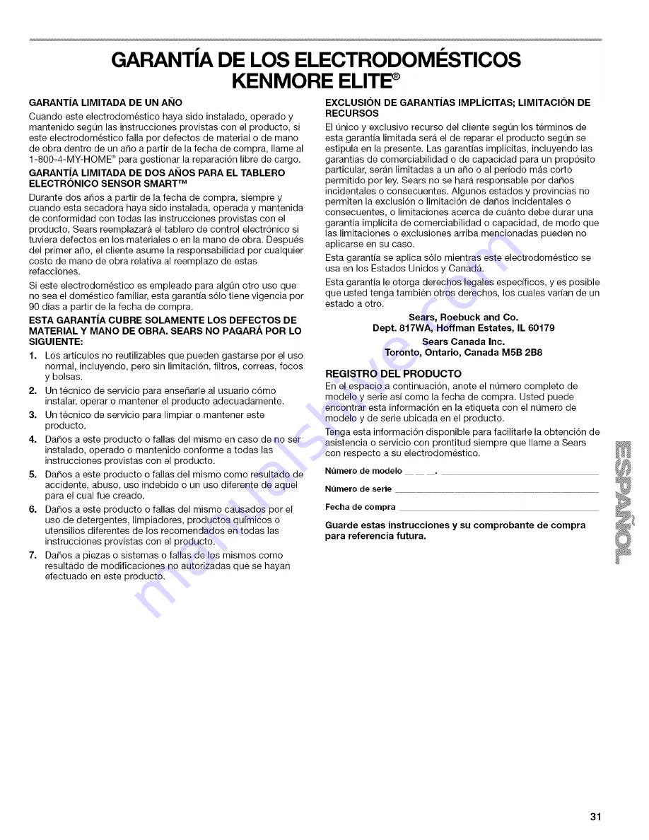 Kenmore 110.8770 Series Use & Care Manual Download Page 31