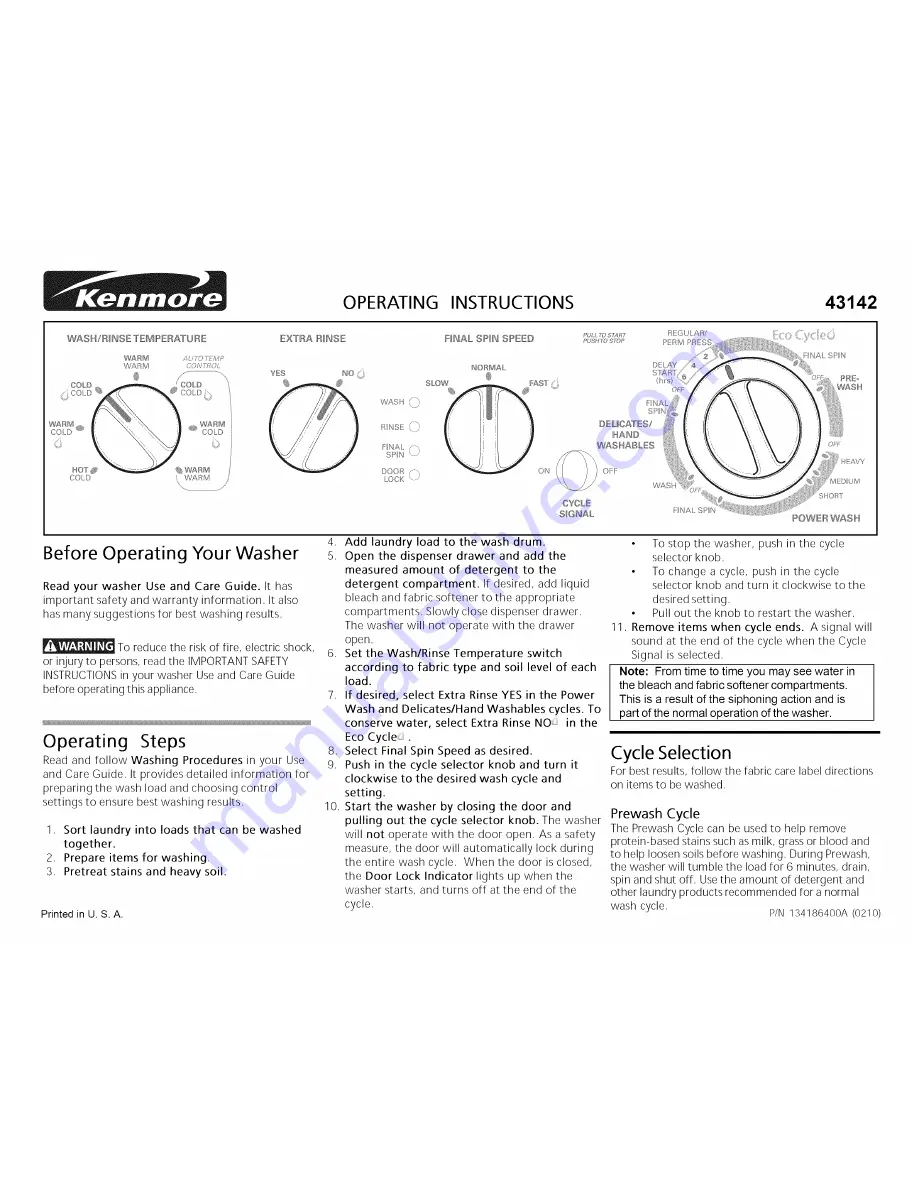 Kenmore 134186400 Owner'S Manual Download Page 1