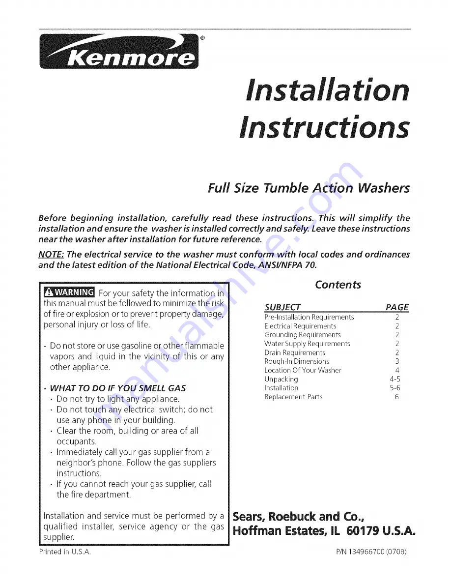 Kenmore 134966700 Installation Instructions Manual Download Page 1