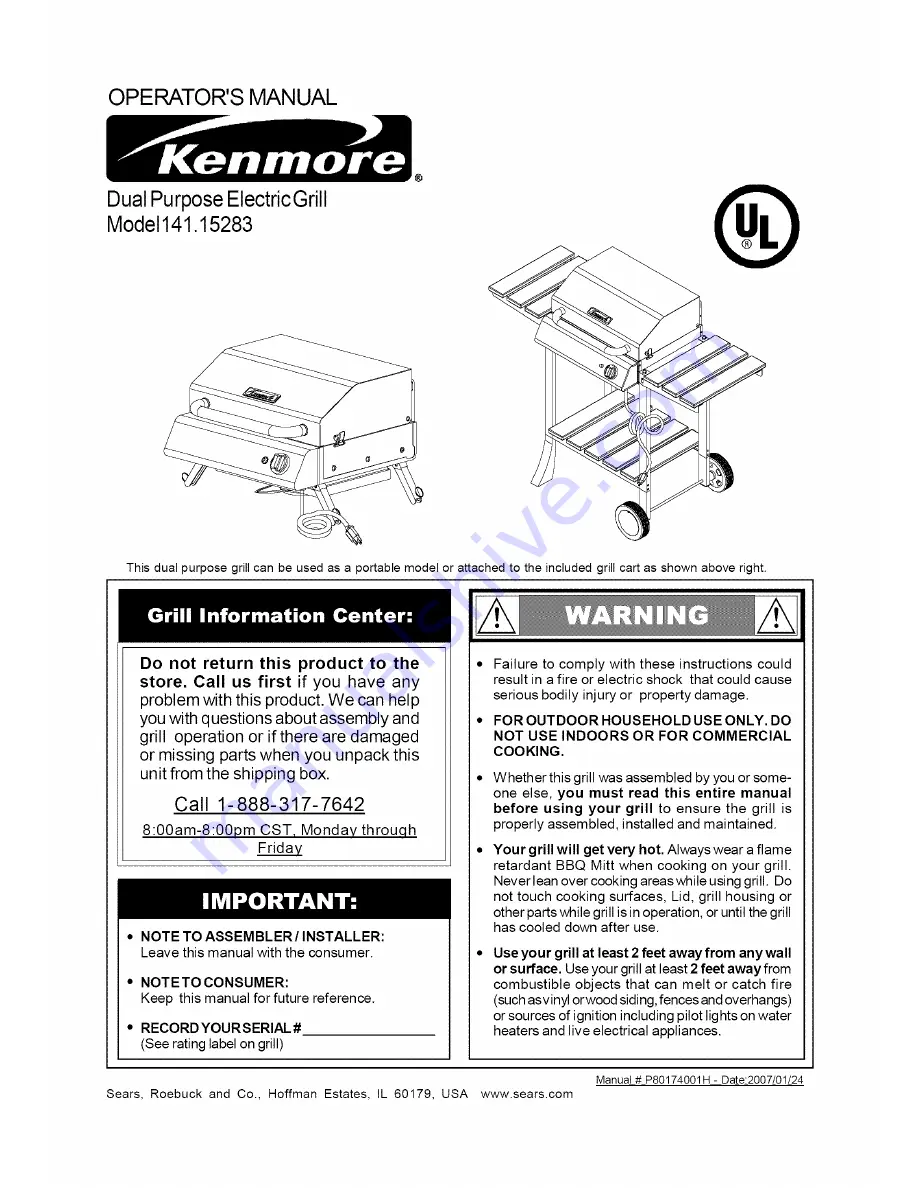 Kenmore 141.15283 Operator'S Manual Download Page 1