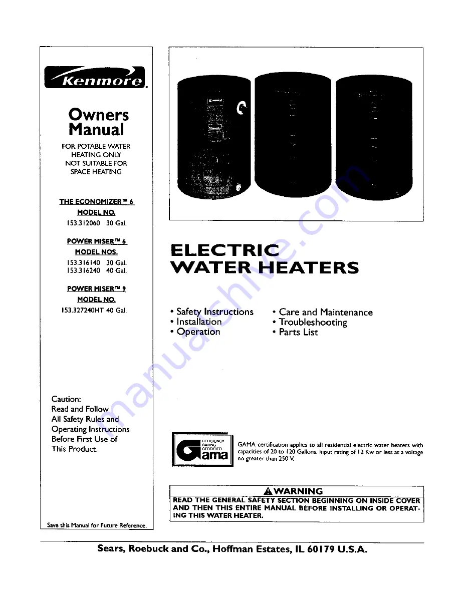 Kenmore 153.31206 Owner'S Manual Download Page 1