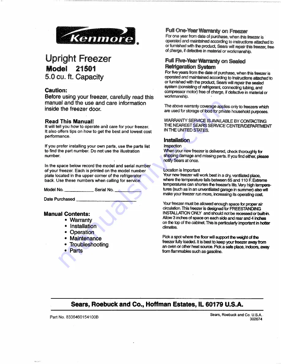 Kenmore 21501 Installation Manual Download Page 1