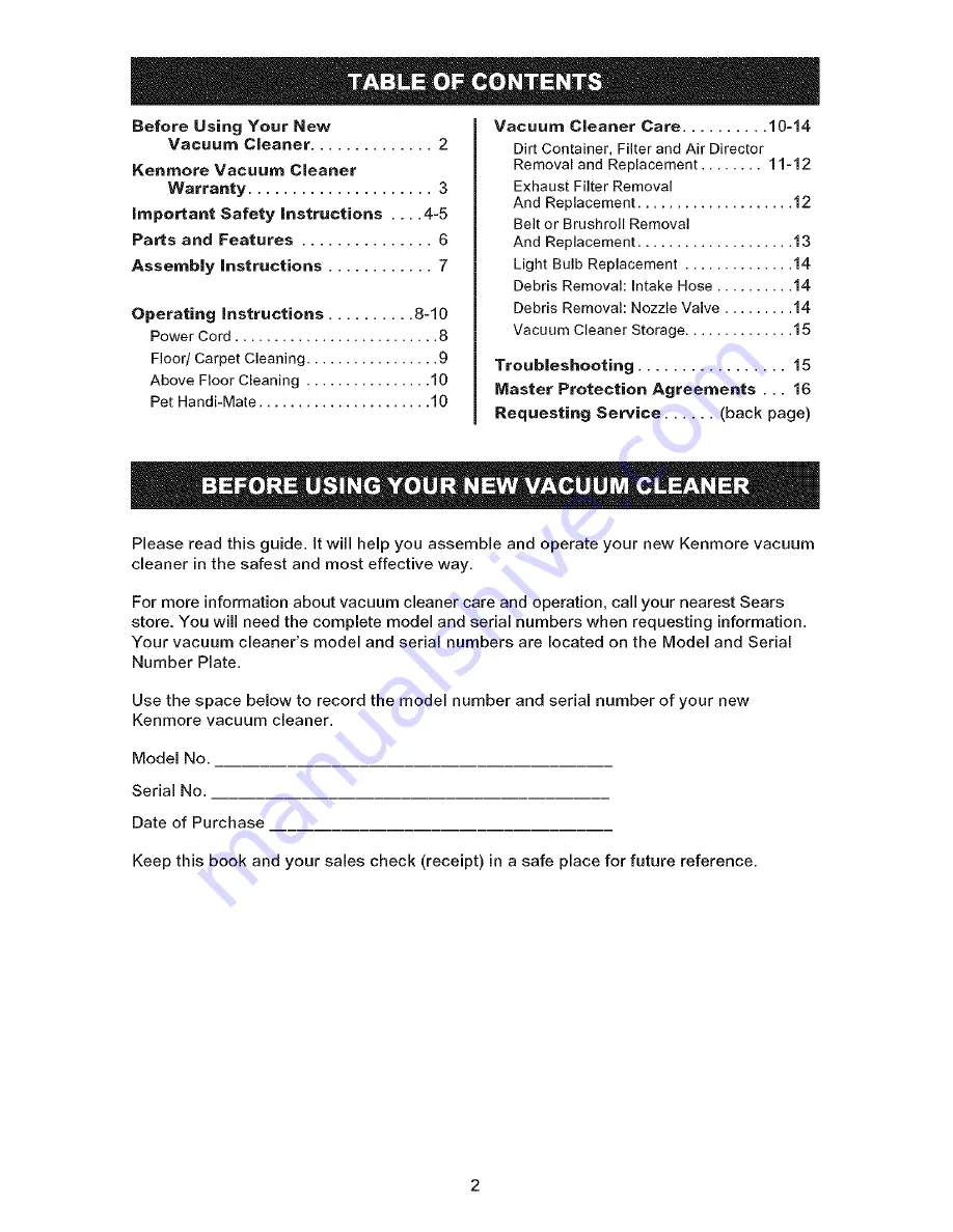 Kenmore 216.31705 Owner'S Manual Download Page 2