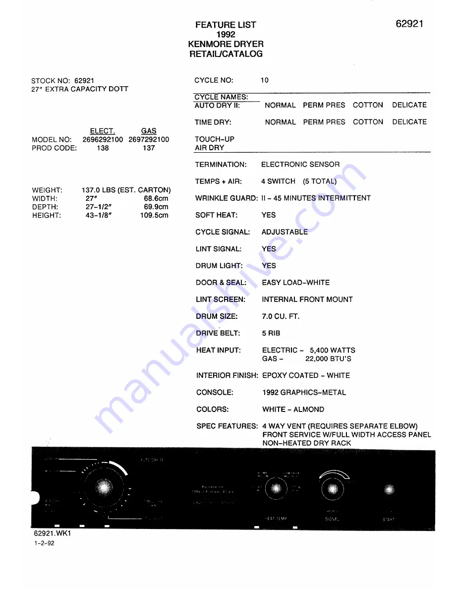 Kenmore 2696292100 (Elect.) Скачать руководство пользователя страница 1