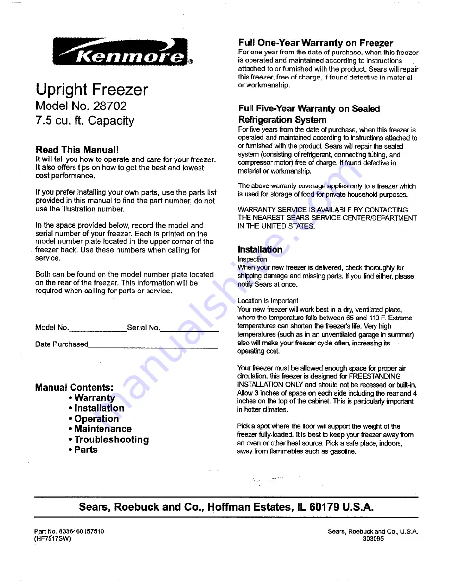 Kenmore 28702 User Manual Download Page 1