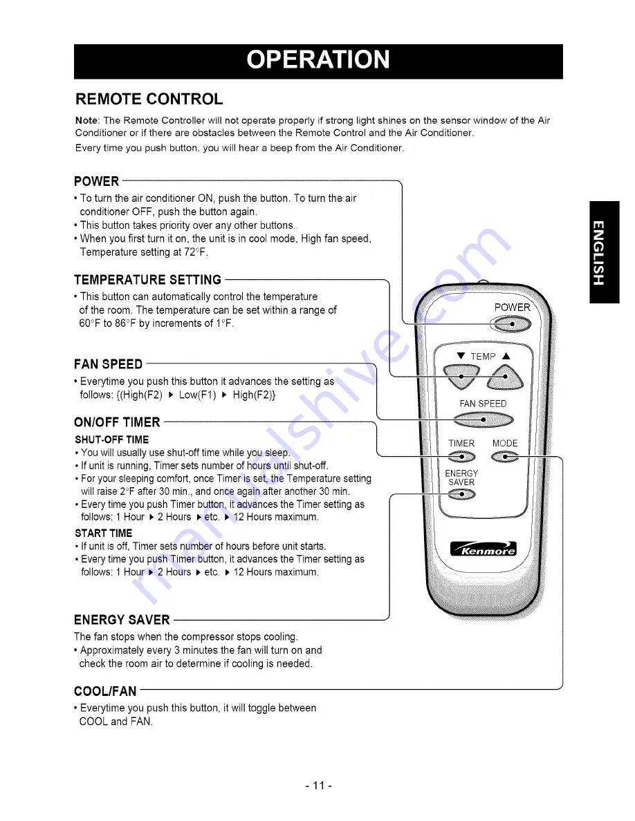 Kenmore 300 BTU Single Room Air Conditioner Скачать руководство пользователя страница 11