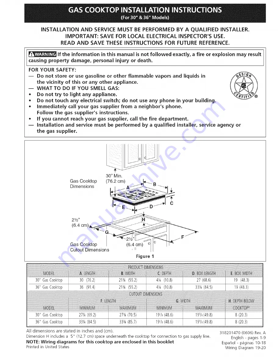 Kenmore 3247 - Elite 36 in. Gas Cooktop Installation Instructions Manual Download Page 1