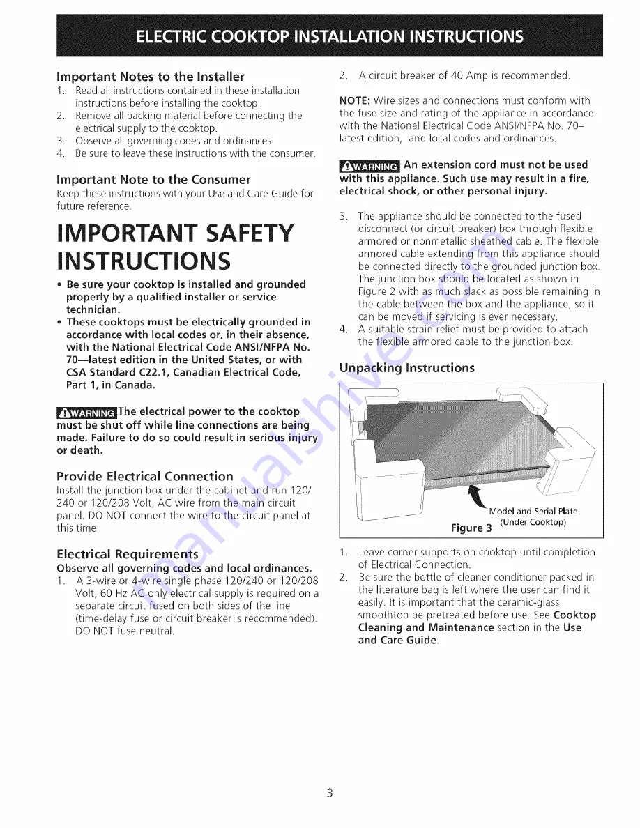 Kenmore 4123 - Elite 30 in. Electric Cooktop Installation Instructions Manual Download Page 3